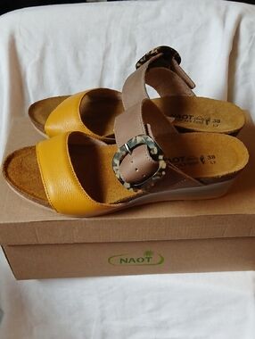 Naot Two-Band Slide Sandals in Yellow and Taupe with Tortoise Buckle
